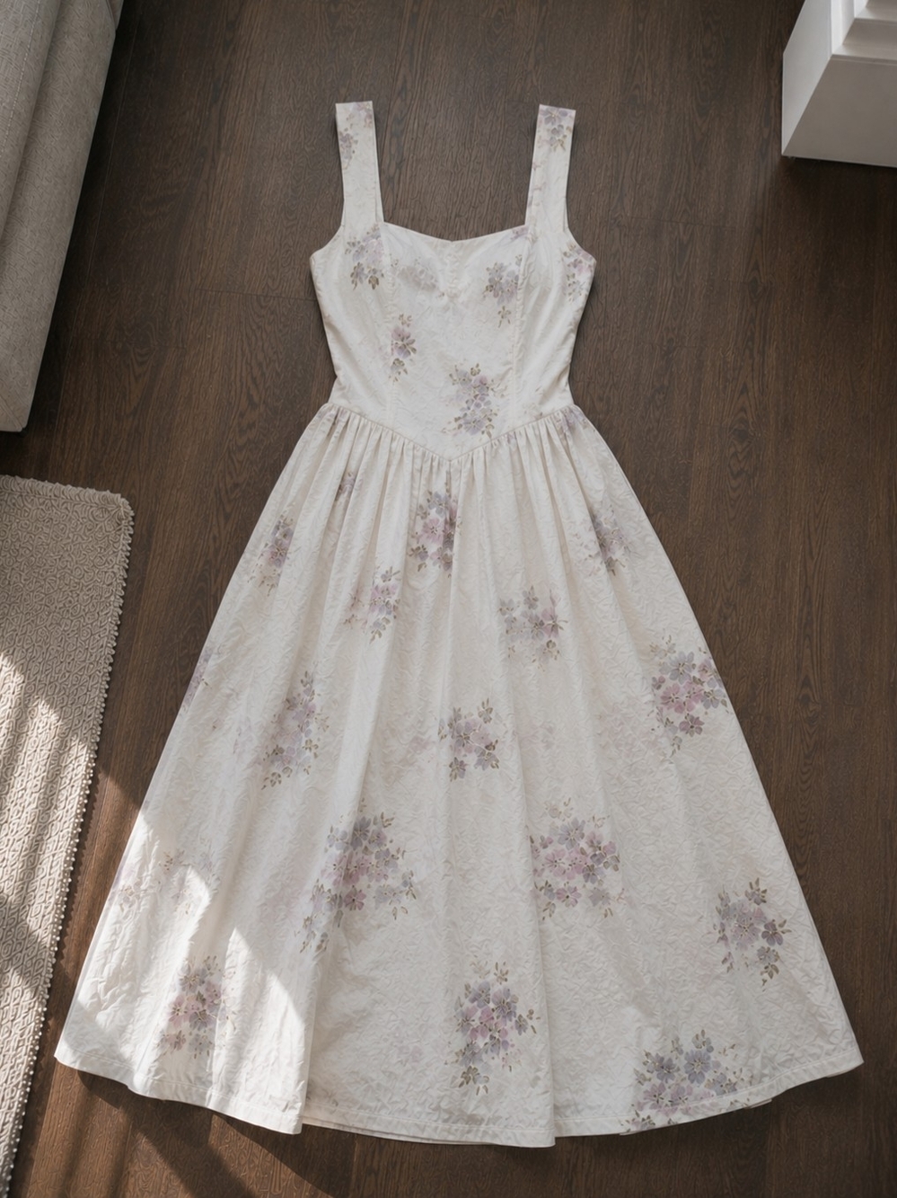 Ivory Midi Dress with Soft Lilac Floral Print